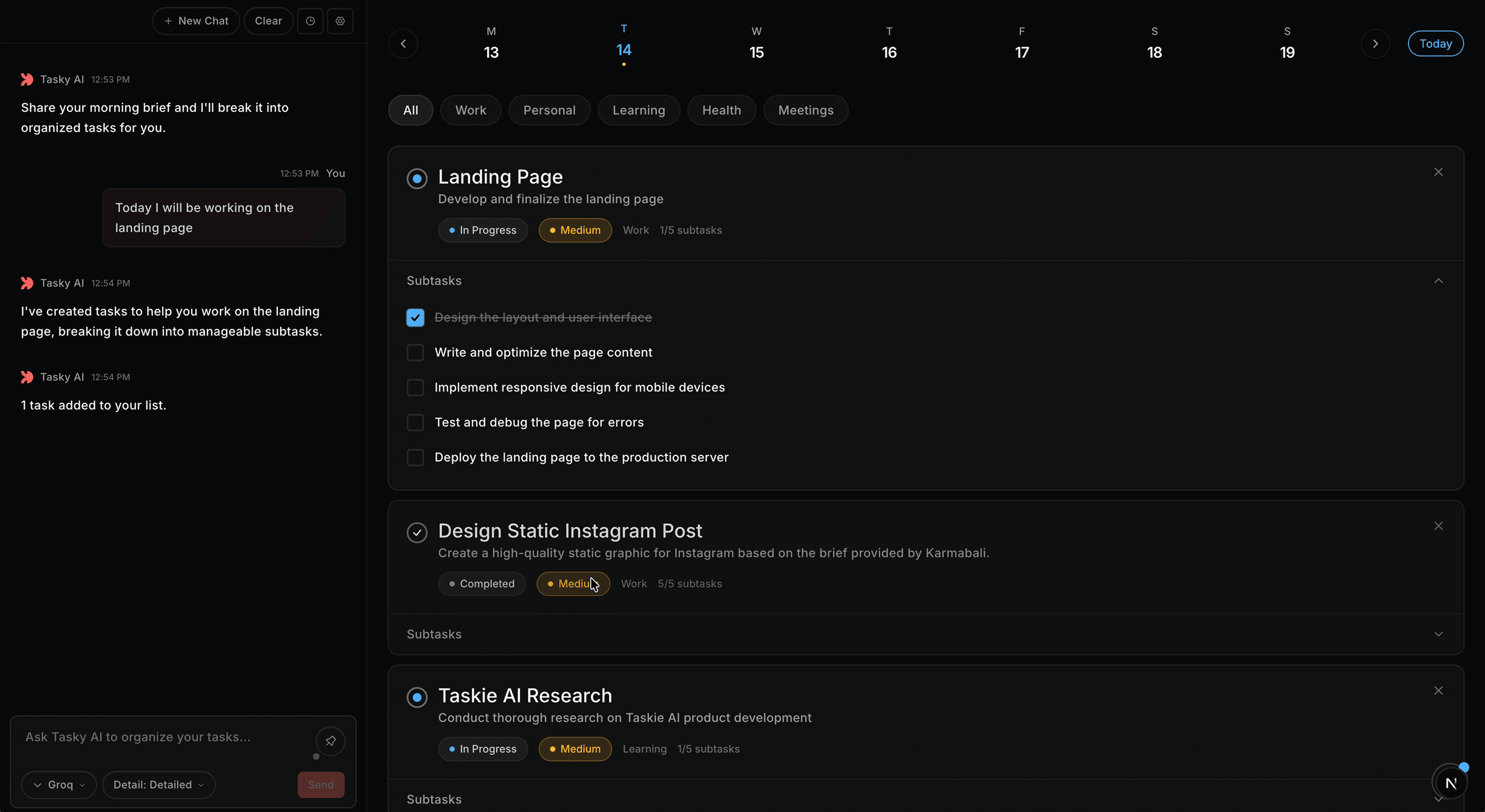Tasky AI demo — morning brief to structured tasks